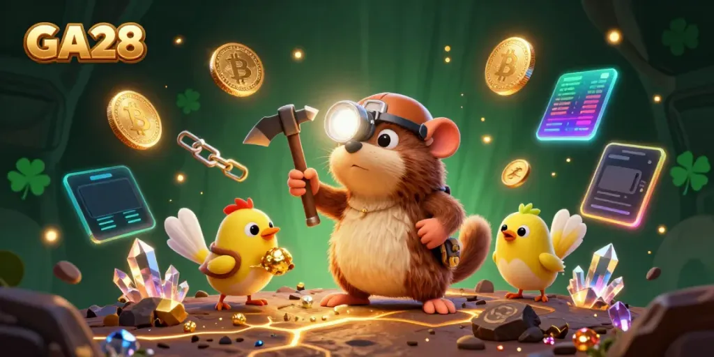 Engaging GA28 scene with a treasure hunter mole and canary amidst glowing gems and crypto coins for an online gambling theme.