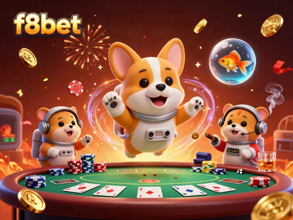 Engage with thrilling gaming action at F8BET with floating astronauts and poker chips.