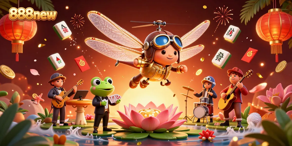 Join the excitement at 888new with a vibrant scene featuring a cheerful dragonfly pilot and frog croupier!