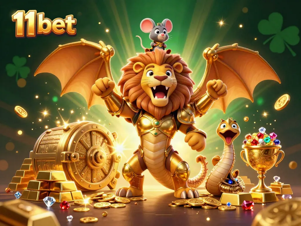 Experience the thrill of winning at 11 bet with a dynamic 3D cartoon casino illustration featuring a triumphant chimera.