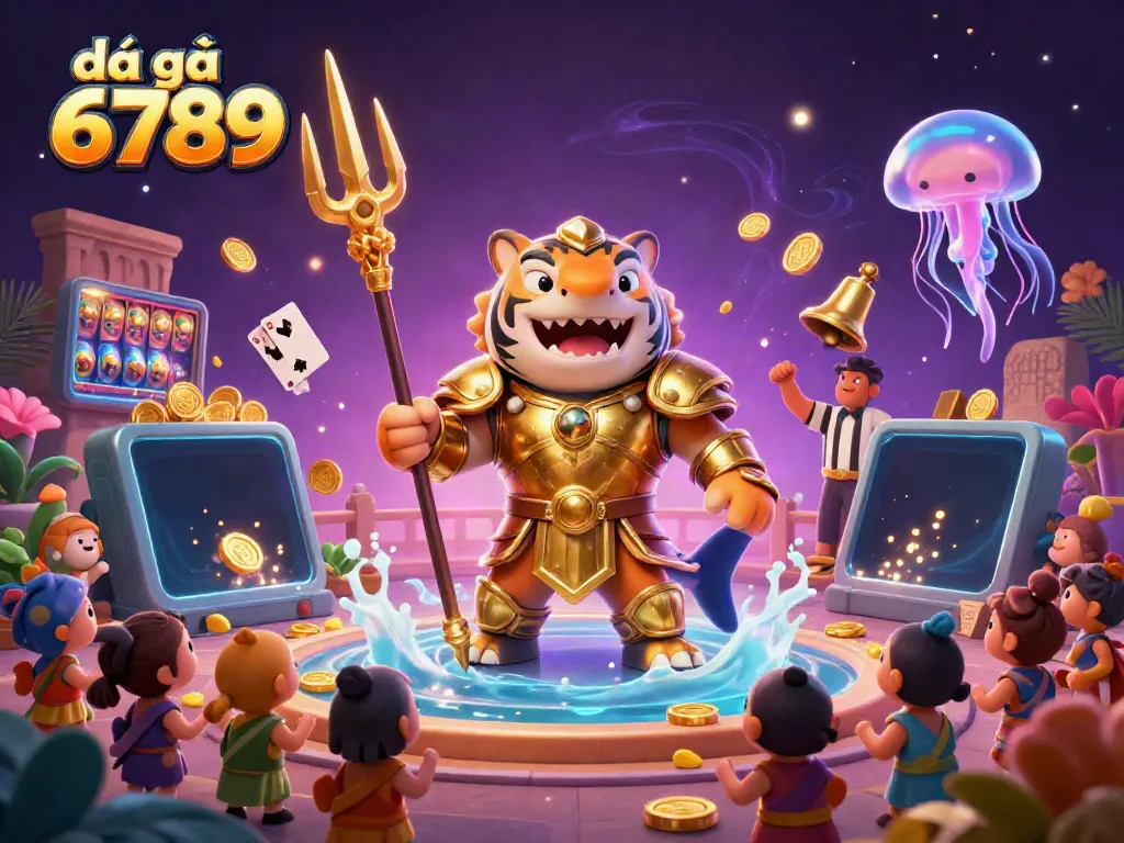 Engage in the thrilling world of đá gà 6789 with the epic underwater battle between a gladiator shark and a dynamic casino backdrop.