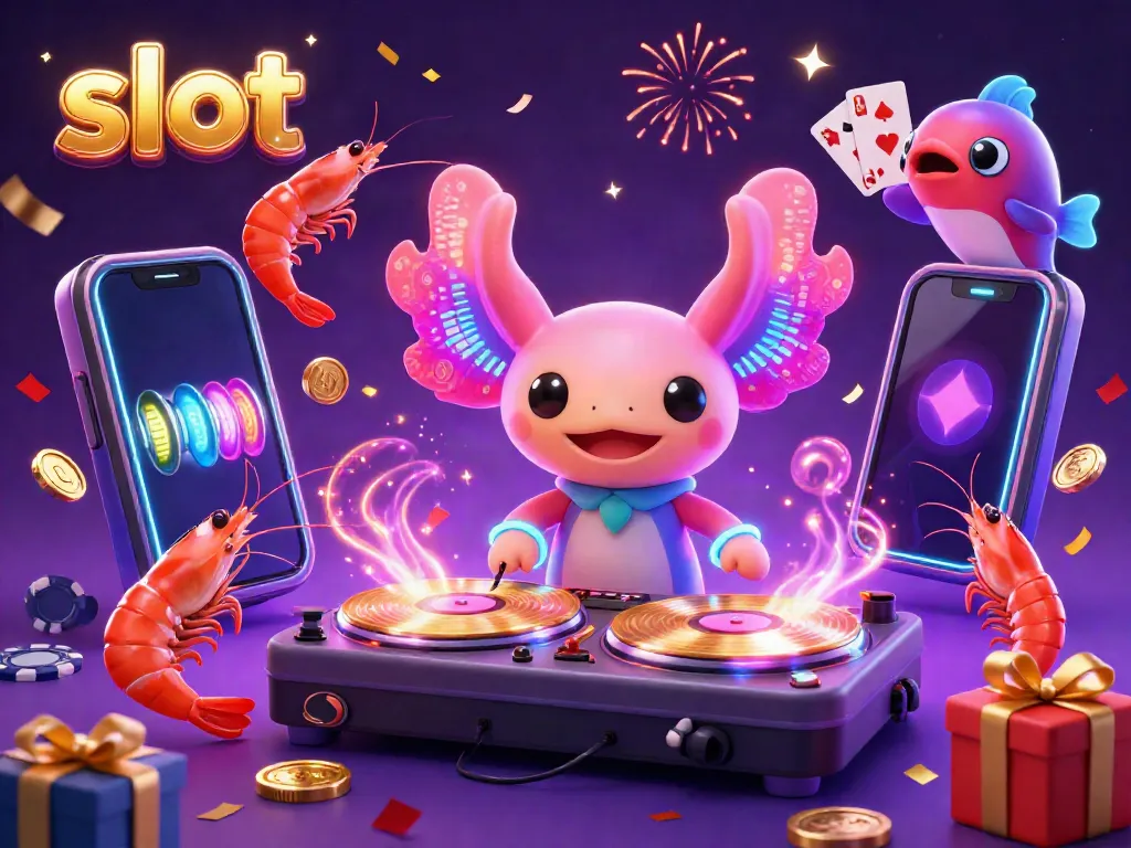Experience vibrant slot gaming excitement with a dynamic DJ axolotl, glowing sea creatures, and animated game elements.