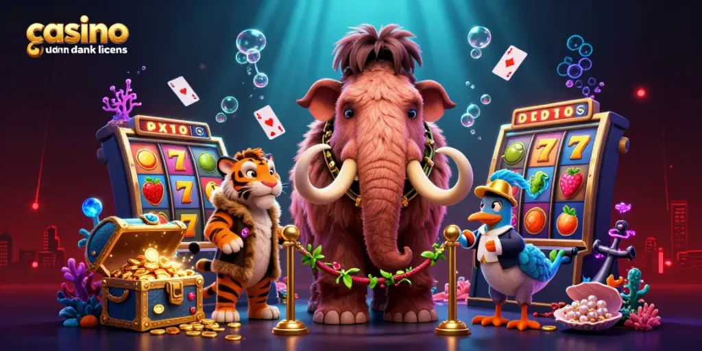Cheerful 3D casino scene featuring a woolly mammoth checking IDs at the entrance of a stylish casino uden dansk licens, surrounded by vibrant gaming elements.