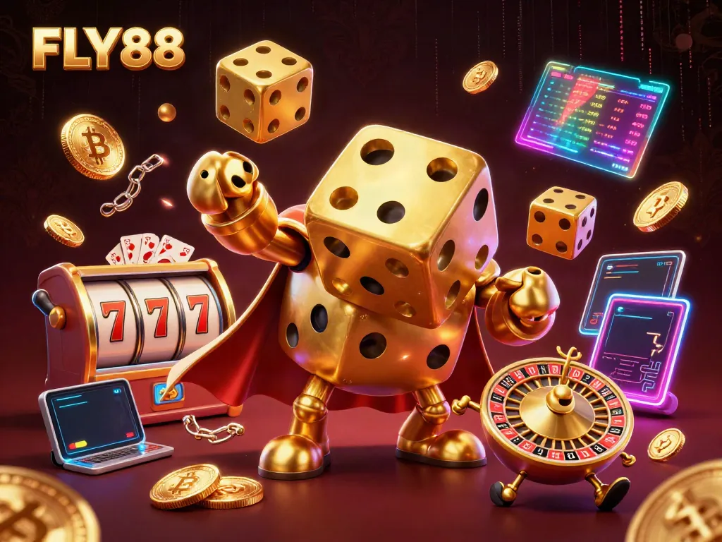 Experience the excitement of FLY88 gaming through this vibrant 3D casino scene featuring dice and slot machines.