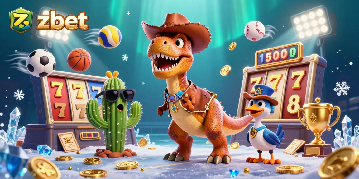 Experience thrilling wins at zbet with an action-packed 3D casino illustration filled with exciting game elements.
