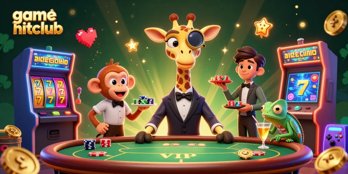 Play game hitclub with an ultra-detailed 3D giraffe, monkey valet, and chameleon bartender in a vibrant casino scene.