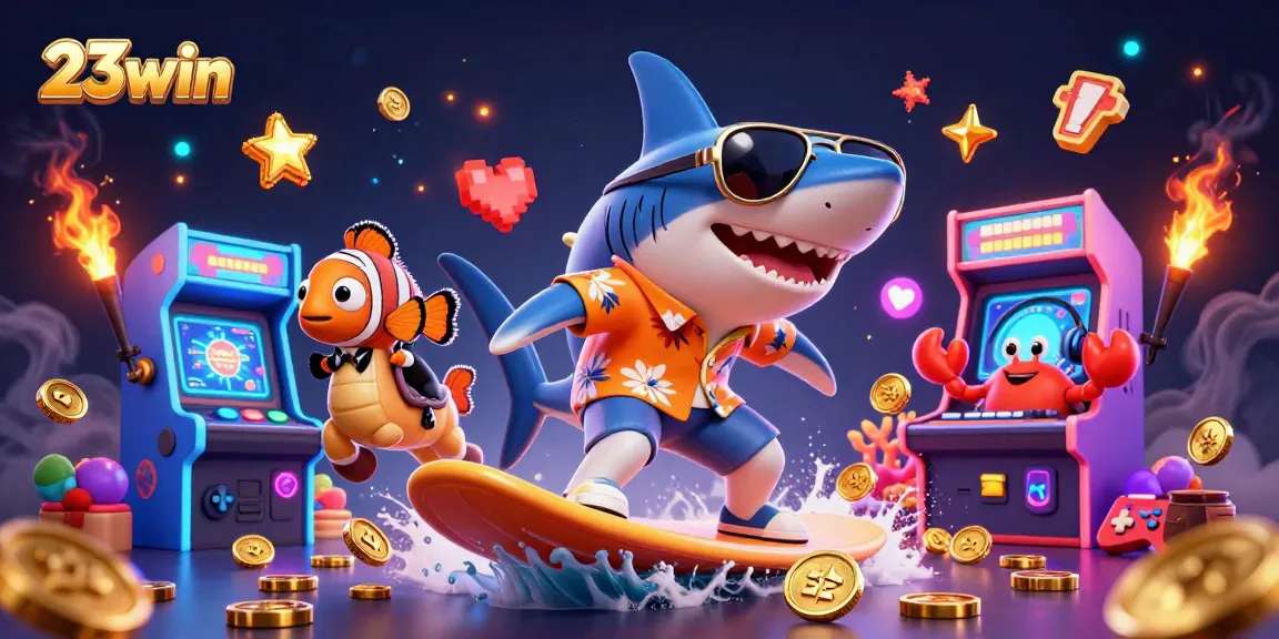 Engage with 23win and unlock fortune as animated characters surf on a gold coin wave.