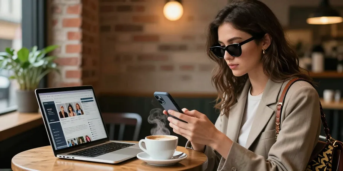 Weibliche Instagram Likes kaufen in einem modernen Café mit Smartphone und Laptop.