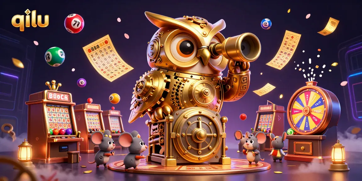 Engage with innovative gaming at qilu, showcasing a clockwork owl amidst lively casino elements.