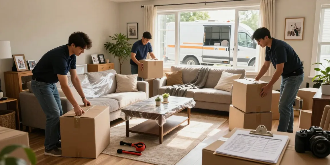 Umzugsunternehmen Schwetzingen packt Möbel sicher in einem Wohnzimmer.