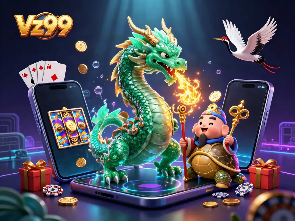 Experience thrilling casino action with Vz99's vibrant characters and games in a captivating scene.
