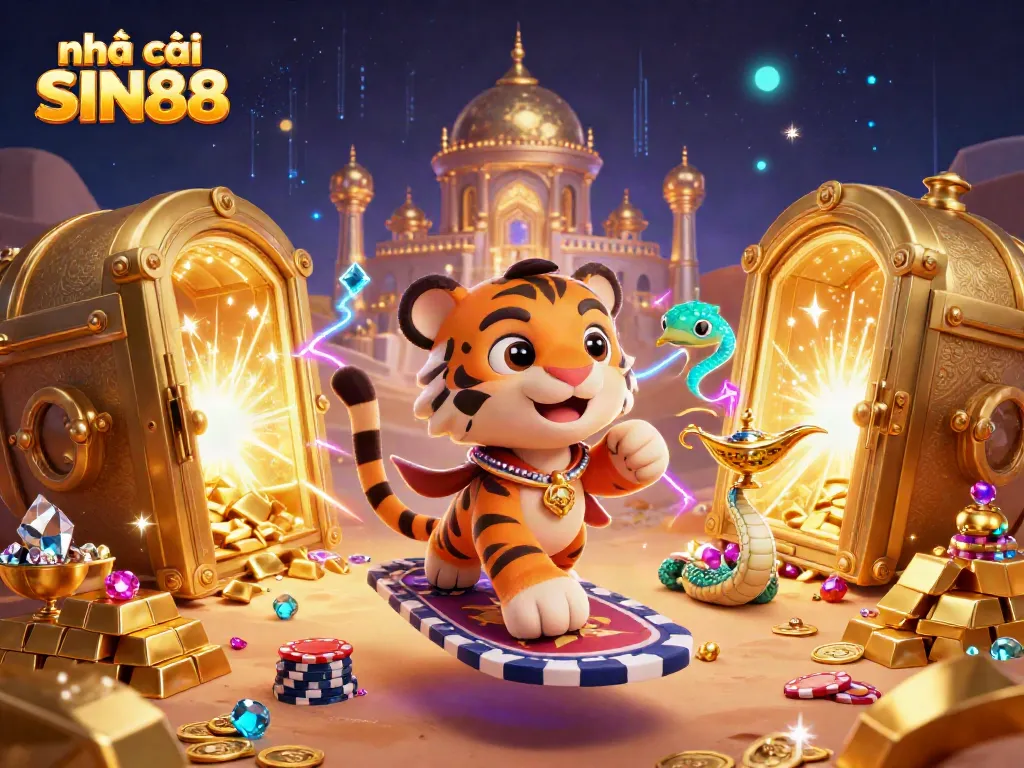 Experience the excitement of nhà cái SIN88 with a vibrant Arabian-themed casino illustration featuring a tiger sultan.