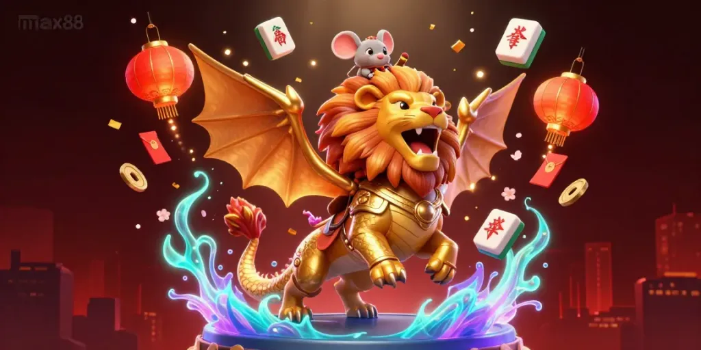 Max88 casino adventure featuring a golden chimera and a mouse jockey amidst vibrant game elements.