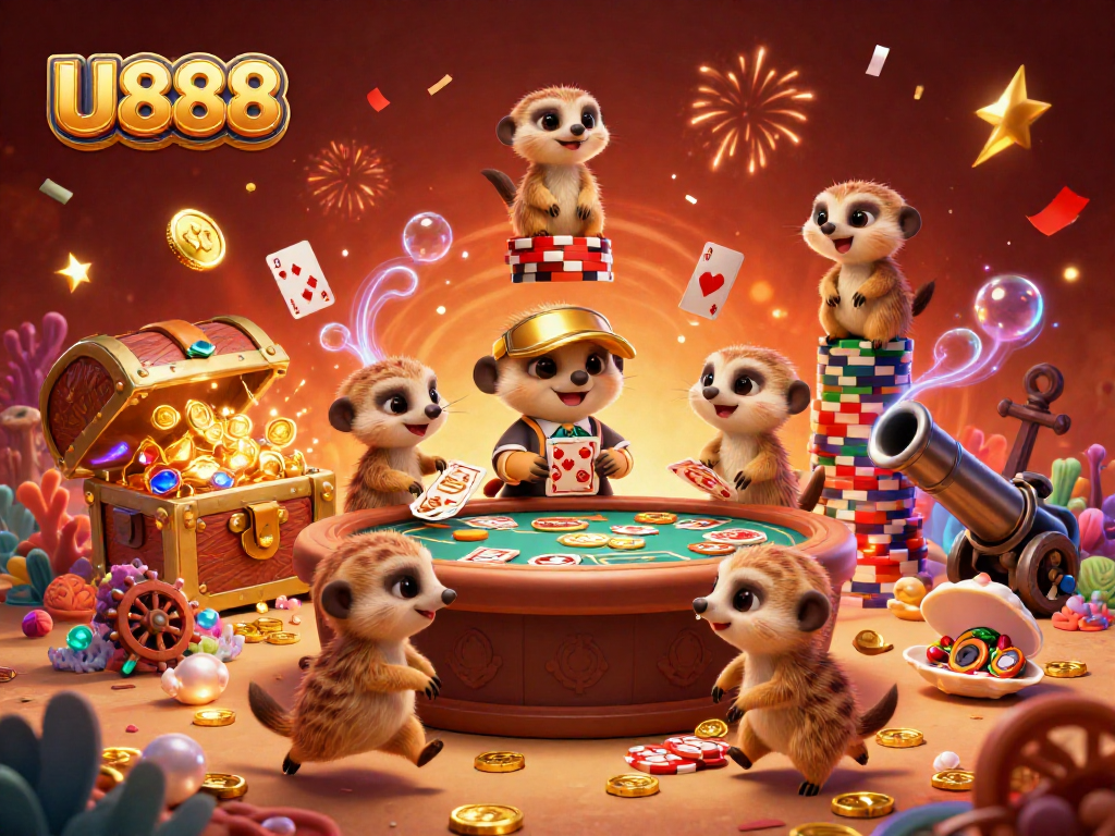 Watch as U888's meerkat casino crew deals cards and sneaks chips in a vibrant underwater scene.