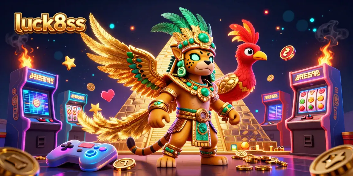 Experience excitement with luck8ss in this vibrant 3D scene showcasing a Mayan jaguar priest among casino game elements.