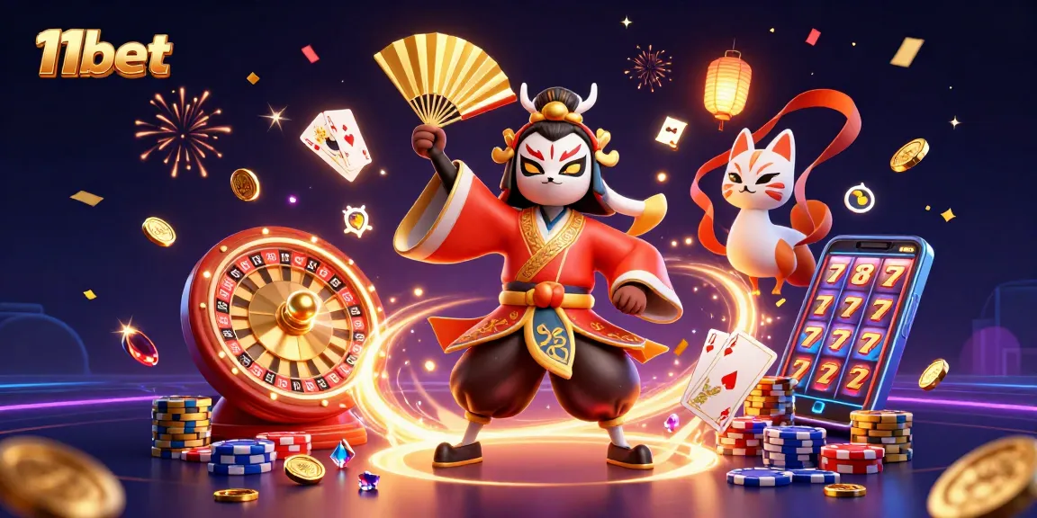 11bet showcases vibrant casino fun with kabuki warrior, golden coins, and gaming elements.