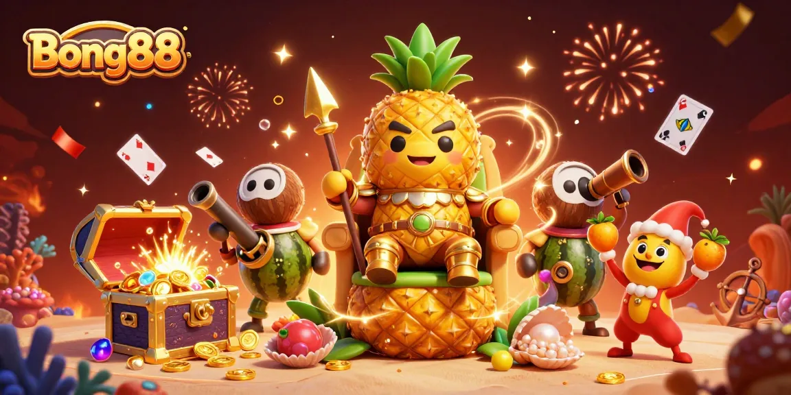 Bong88 showcases a vibrant casino scene with a golden pineapple king, revealing exciting gaming opportunities.
