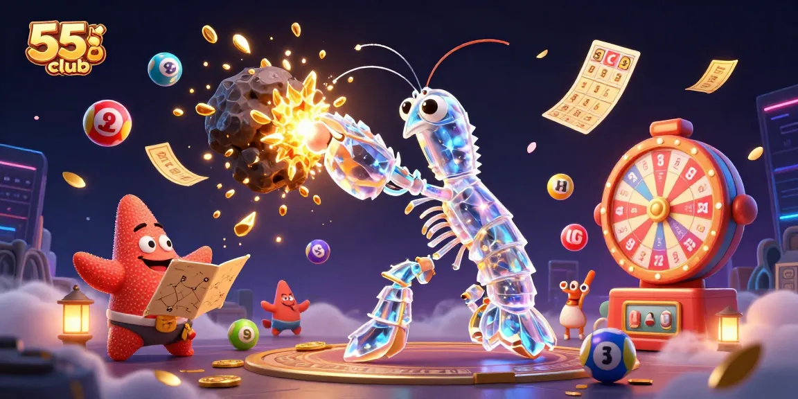 Experience the excitement of 55club with vibrant lottery elements and dynamic characters in action