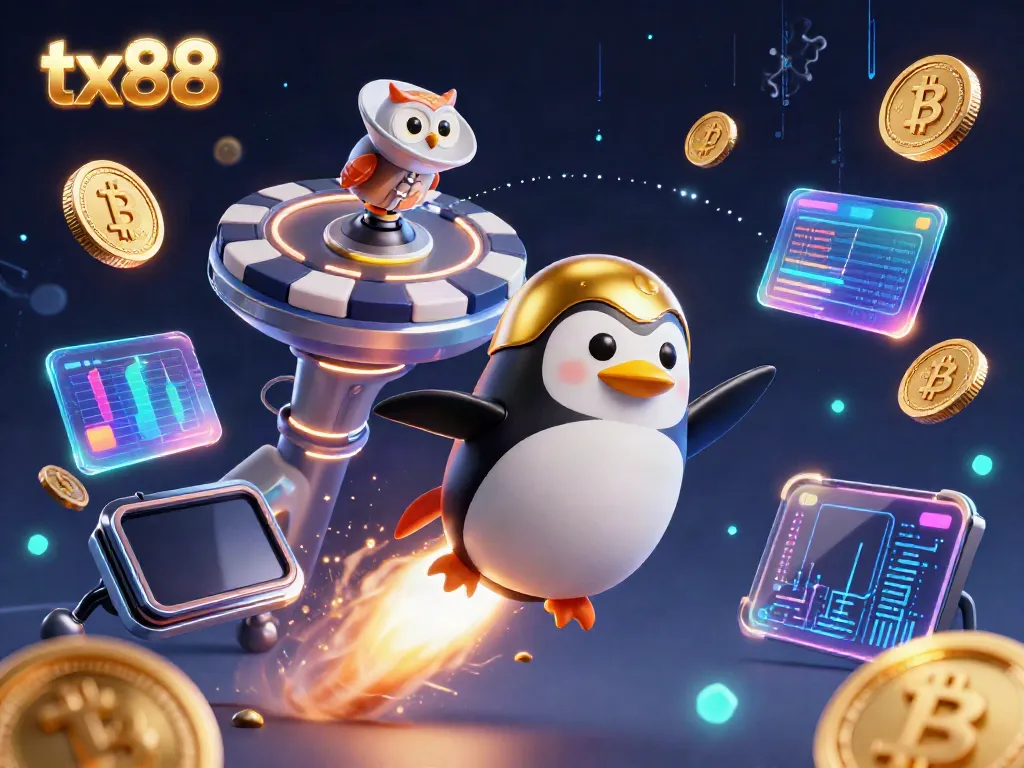 Experience the excitement of tx88 with a golden penguin soaring to a casino space station amid glowing crypto coins.