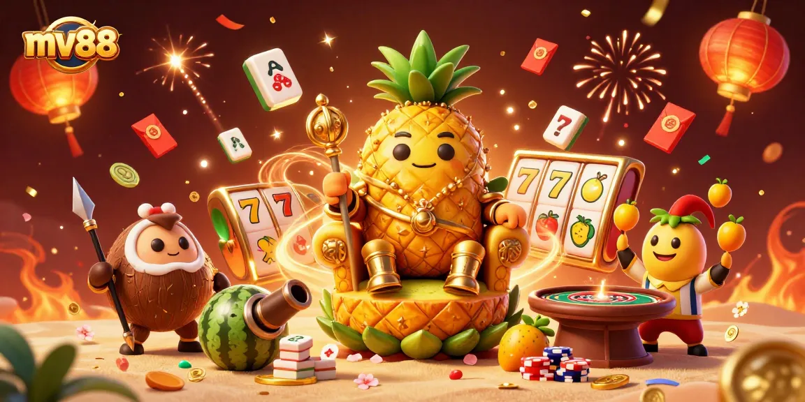 Engage with mv88 casino thrills featuring a vibrant cartoon scene with a pineapple king and gaming elements.