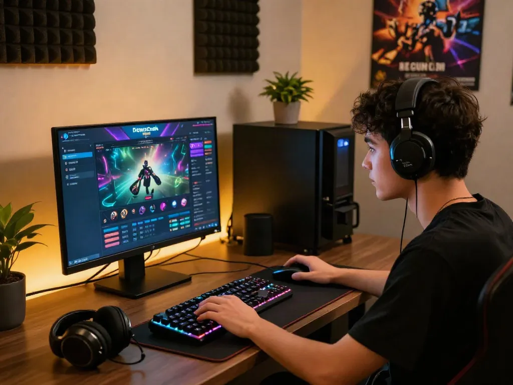 DewaCash Asia online gaming experience with vibrant graphics, focused player, and modern gaming setup.