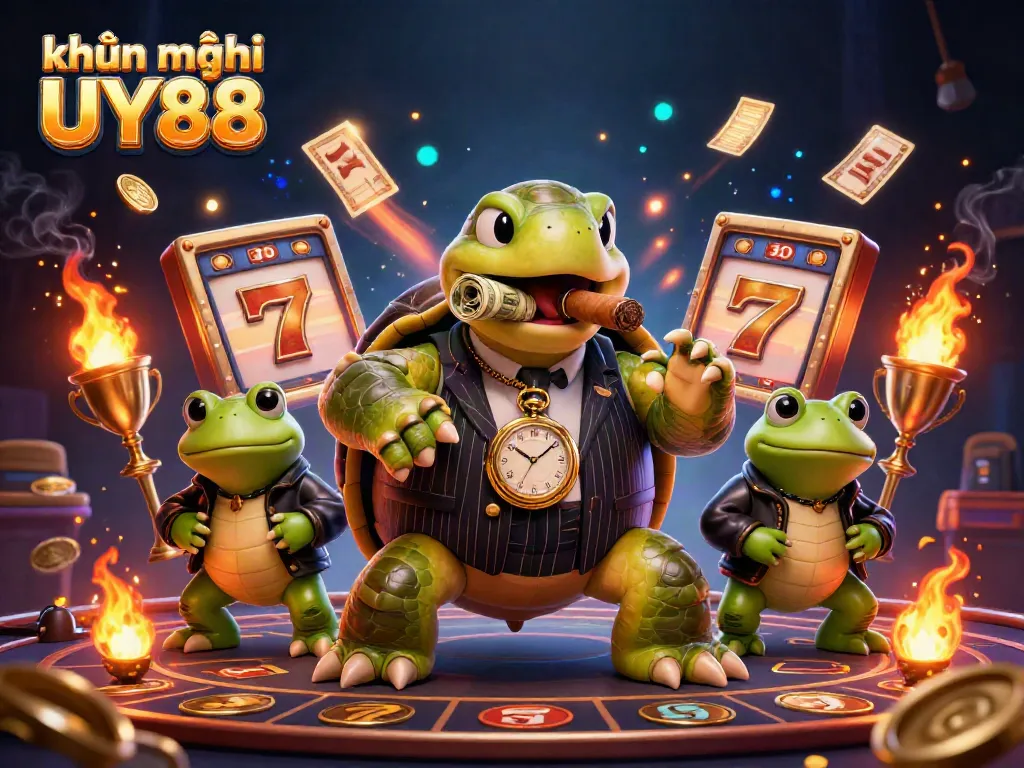 Engage in exciting khuyến mãi UY88 offers with colorful casino elements featuring a massive turtle and bullfrog enforcers.