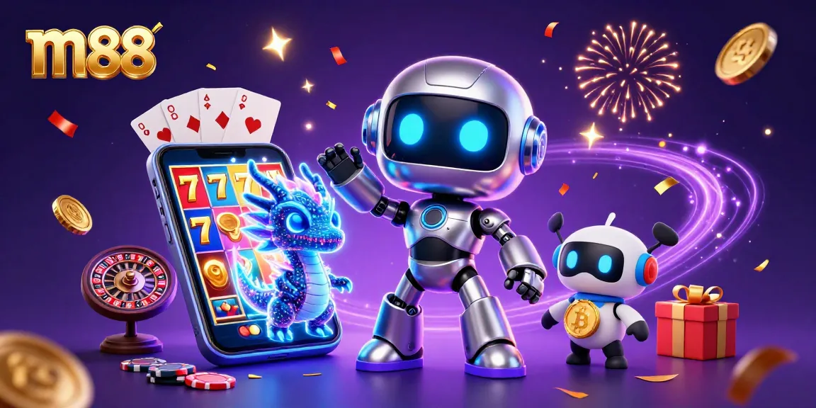 M88 showcases a vibrant casino scene with a cyberpunk robot, animated dragon, and bitcoin drone, emphasizing thrilling slot action.