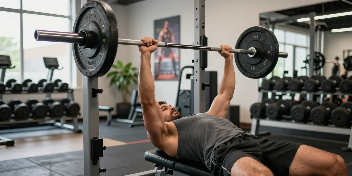 Sportler beim Bankdrücken im modernen Fitnessstudio, der Prime Pharma Steroids für verbesserte Leistung zeigt.