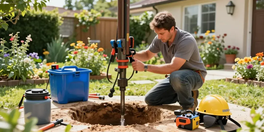 Brunnenbohrungen im Garten mit Techniker und Bohranlage für die Wasserversorgung.