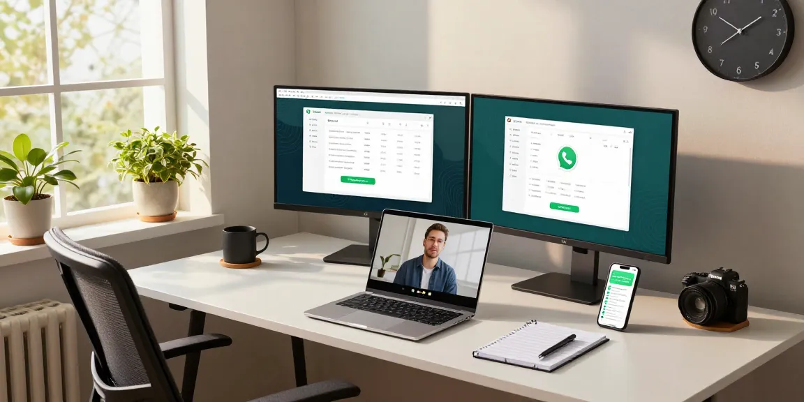 Using WhatsApp電腦版 on dual monitors in a modern home office setting.