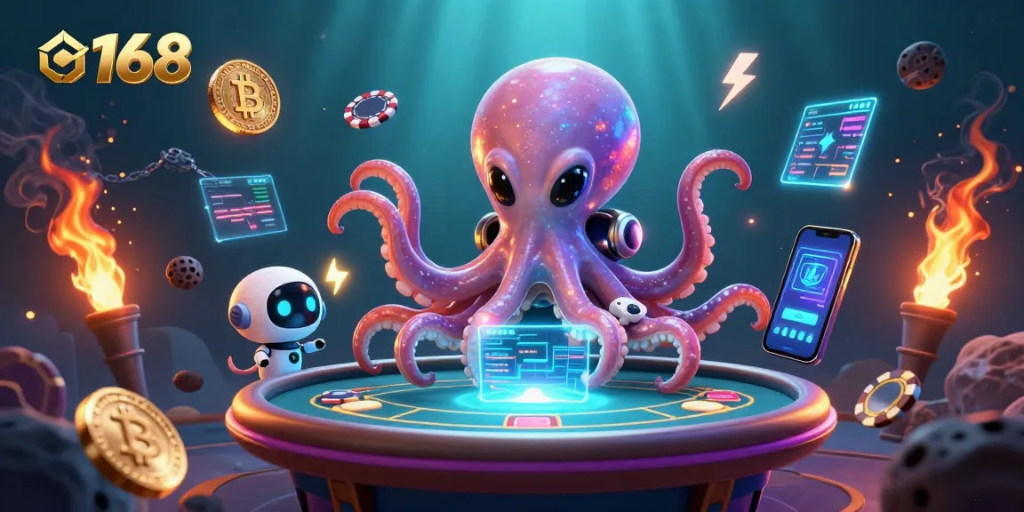 c168 showcases animated alien octopus at a holographic poker table, with vibrant casino elements