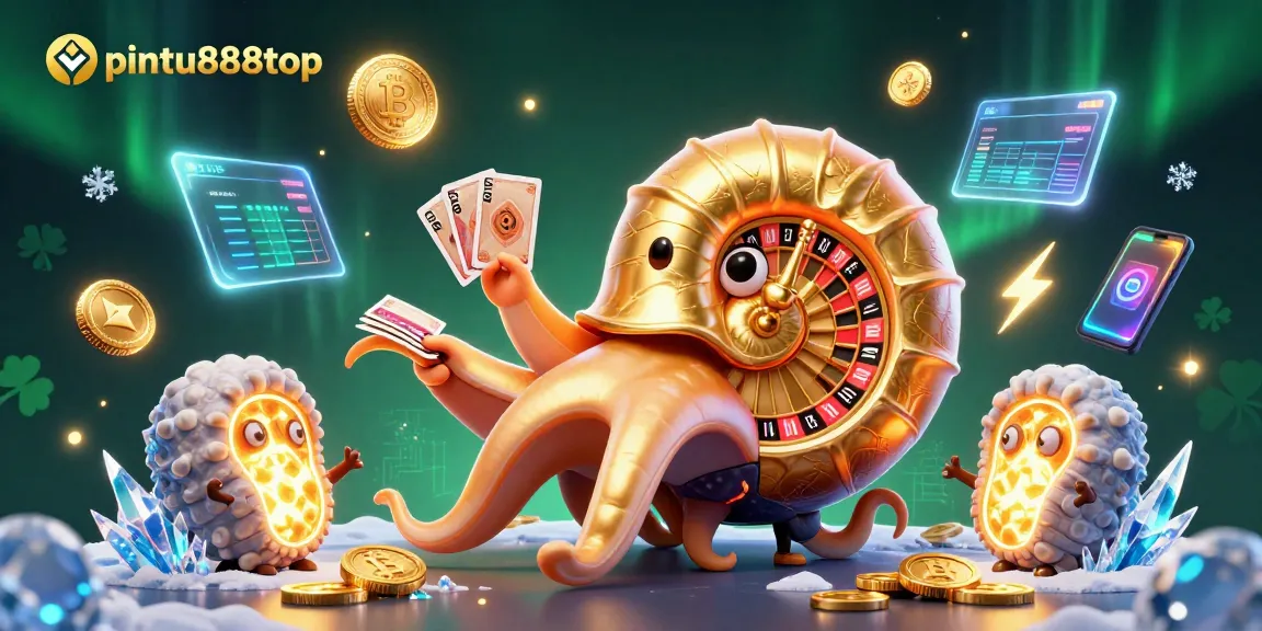 Experience the excitement at pintu888top with a vibrant 3D casino scene featuring glowing nautilus and digital assets.