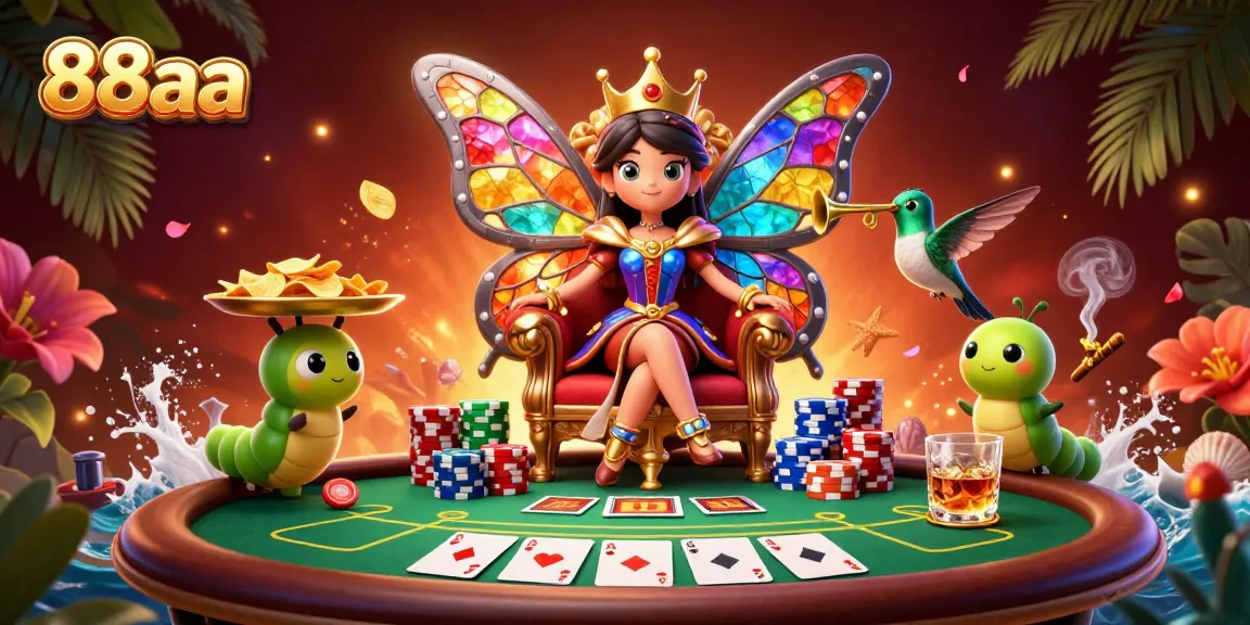 Play poker with excitement at 88aa, featuring a vibrant butterfly queen and colorful chips.