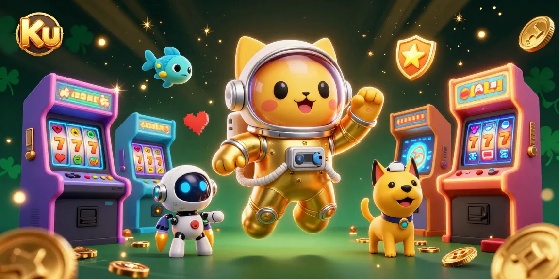 Engage in thrilling adventures at Ku Casino with a vibrant 3D illustration of an astronaut cat and a robot dog.