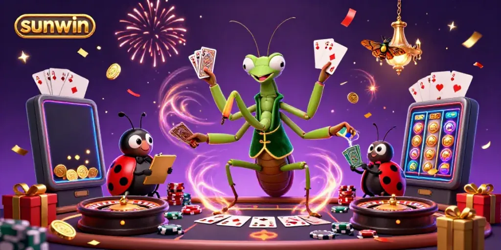 Experience the dynamic sunwin online casino with a colorful 3D illustration featuring a card dealer and pit boss.