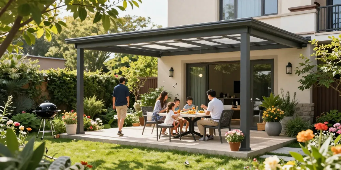 Freistehende Terrassenüberdachung im Garten mit Familie, die ein Picknick genießen.
