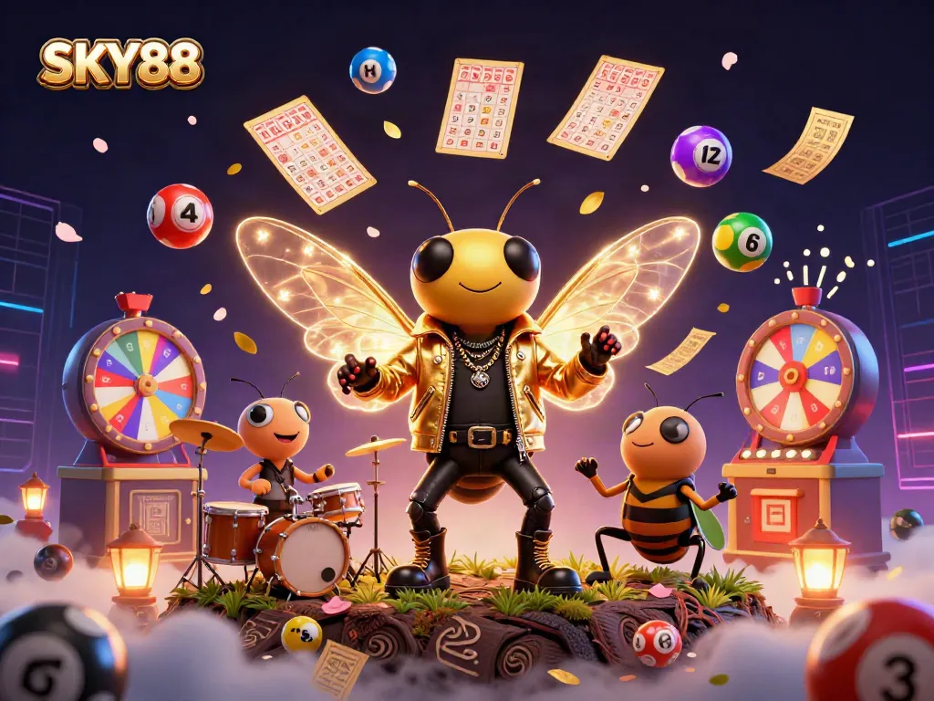 Experience the thrill of SKY88 with vibrant lottery elements and a rock star theme.