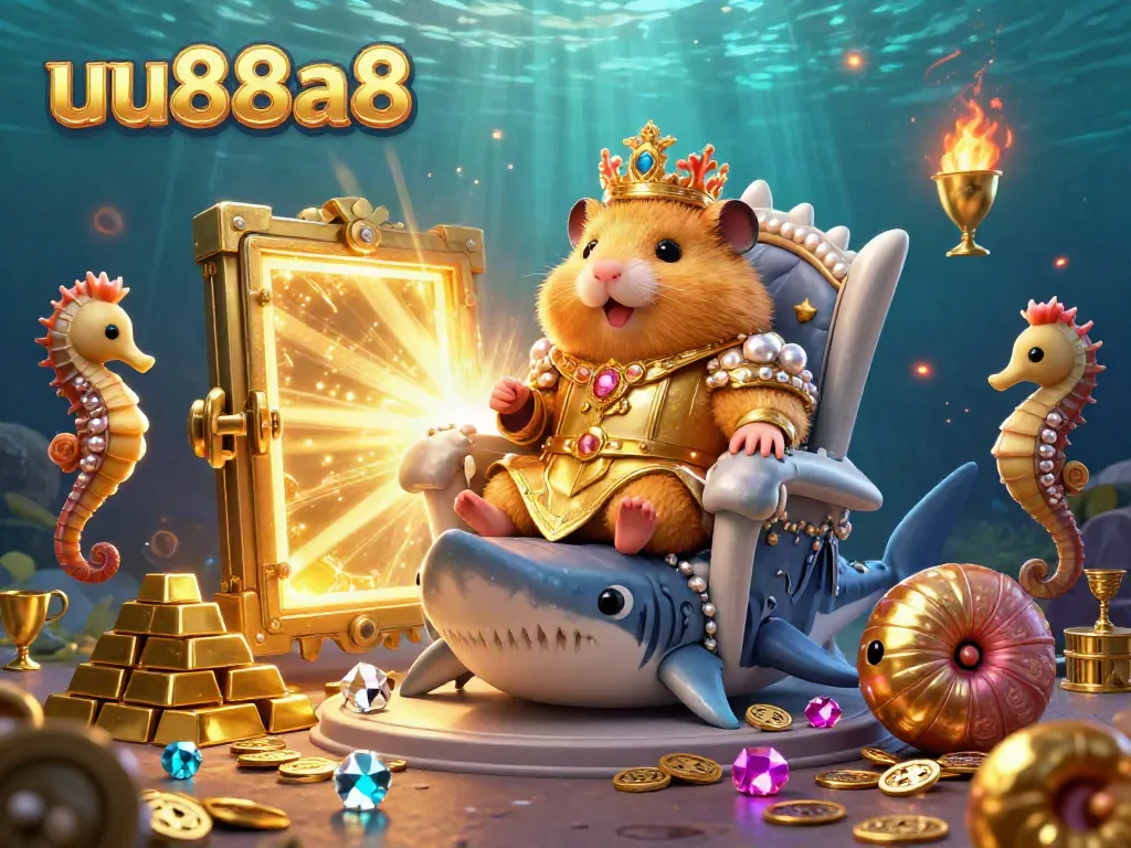 Join the golden hamster king at uu88a8 as he rules over a treasure-filled underwater kingdom, surrounded by glimmering gems.