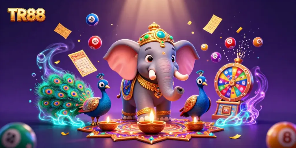 Experience the vibrant excitement of TR88 with dynamic lottery elements and festive characters in a dazzling scene.