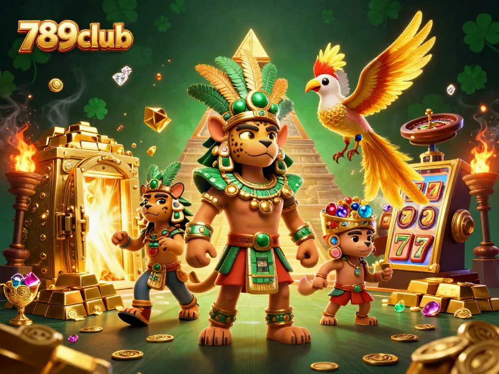 789club players winning big in vibrant 3D casino scene with dynamic slot elements and treasures.