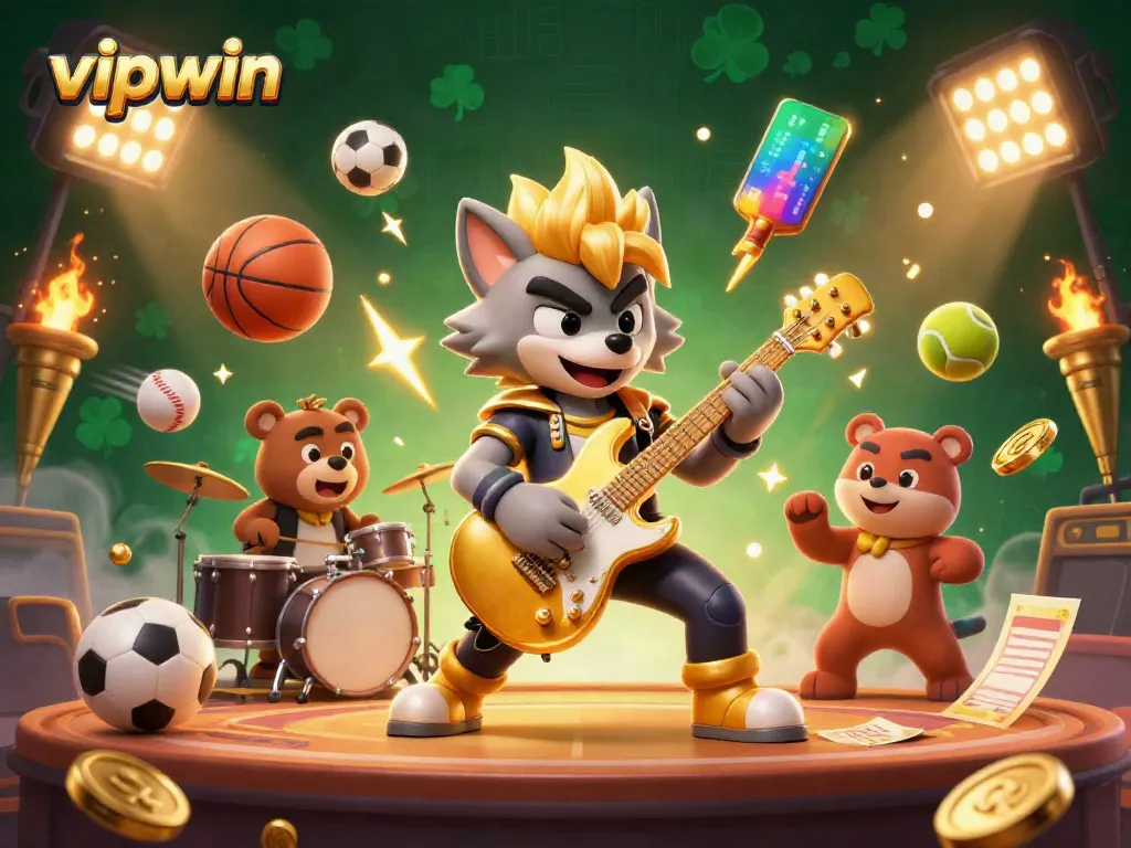 Engage with exciting bets and win prizes at vipwin within a vibrant casino-themed illustration.