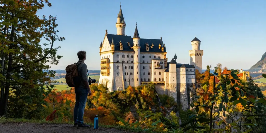 Der Eltz Personal Besucher bewundert die märchenhafte Burg Eltz während des goldenen Stundenlichts in einer herbstlichen Landschaft.