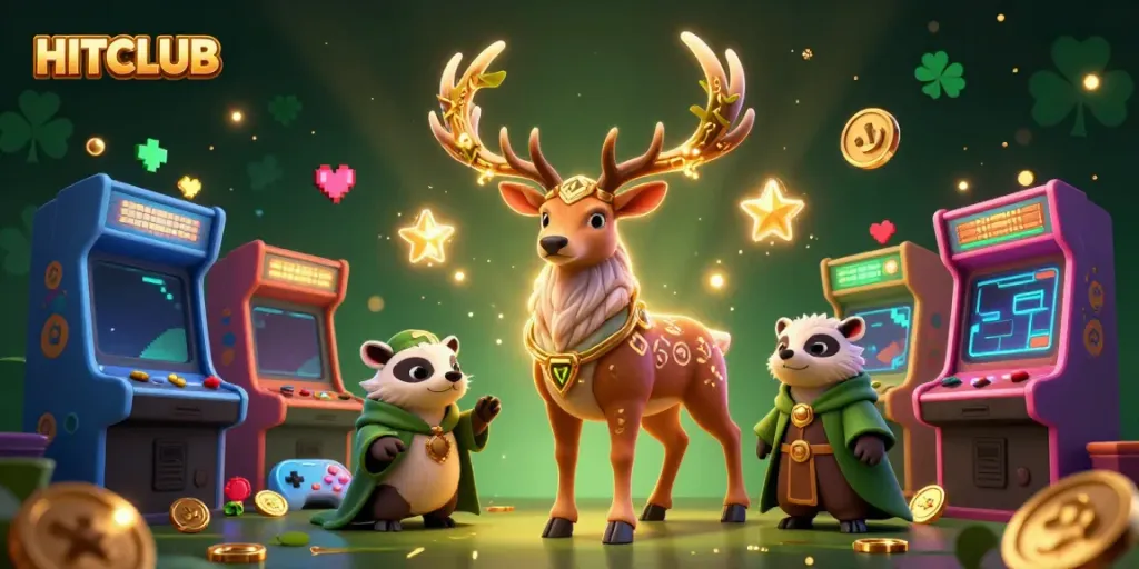 HITCLUB showcases an enchanting 3D druid stag and badger characters amidst arcade and gambling elements, enhancing gaming excitement.