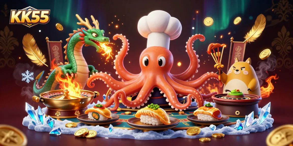 Experience KK55's exciting casino action with animated characters in a vibrant 3D illustration