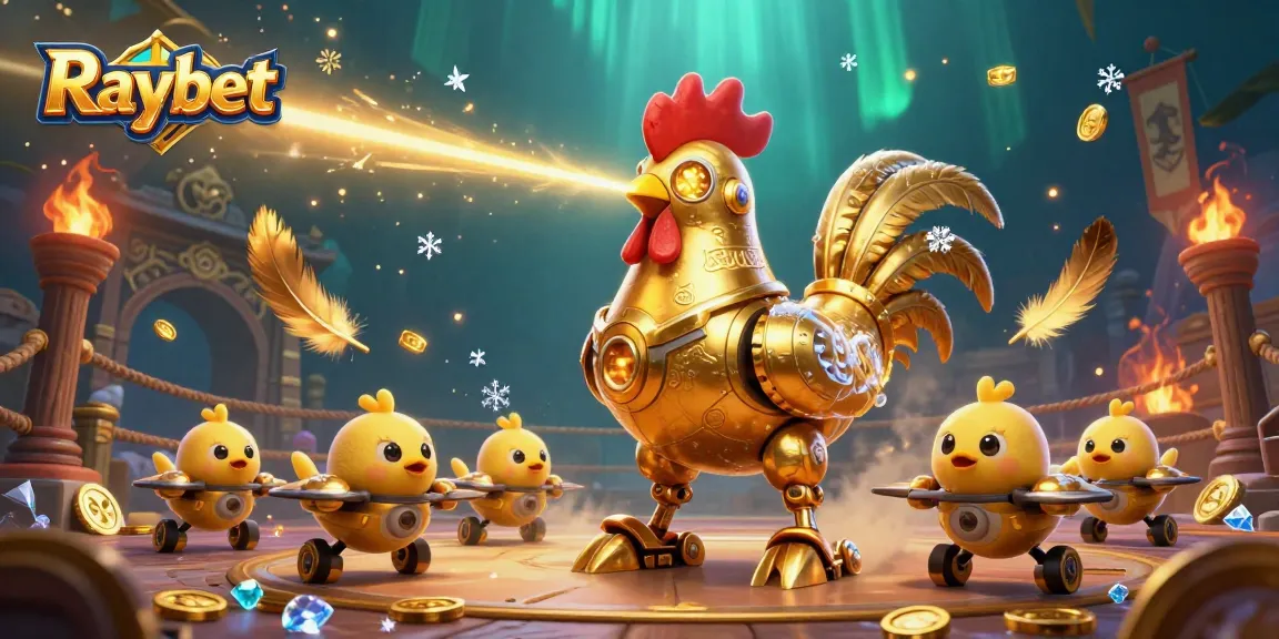 Raybet showcases a vibrant gaming scene with a golden rooster robot, enhancing the casino experience with excitement.
