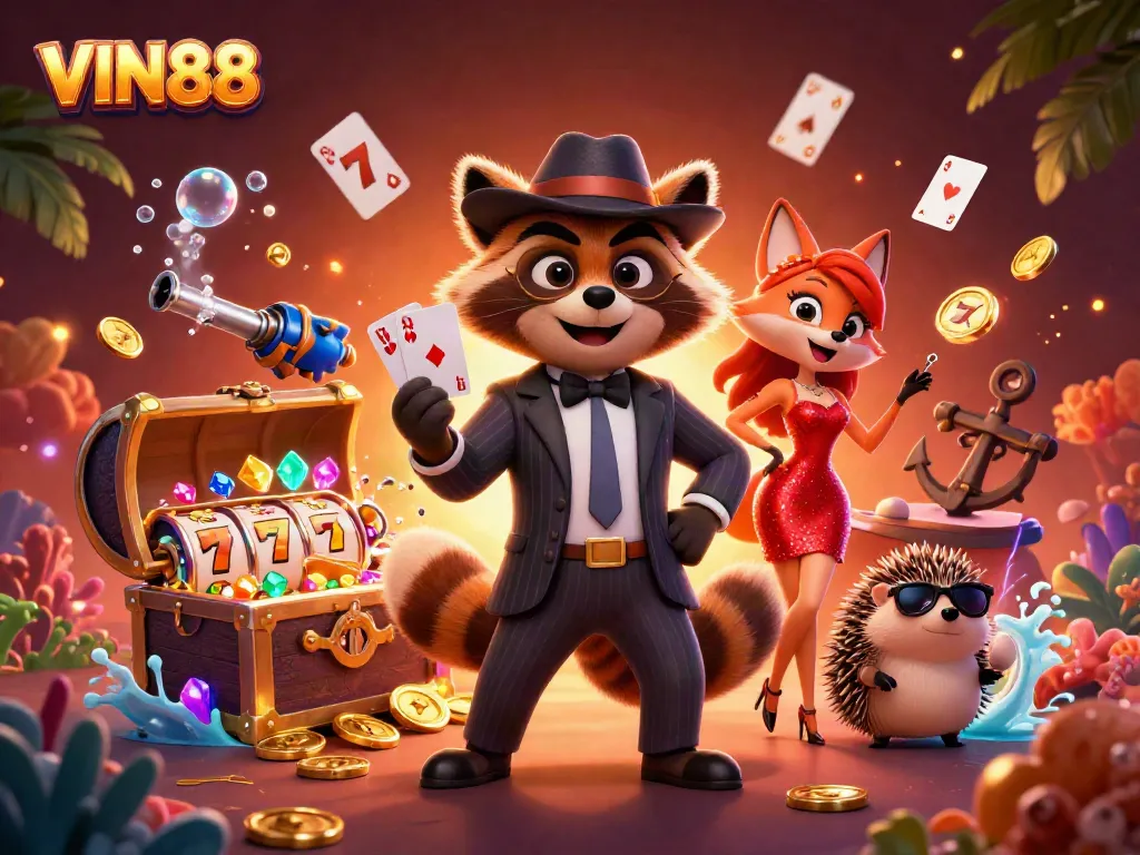 VIN88 showcases a raccoon with a royal flush, immersive casino vibe with slots and gold coins.