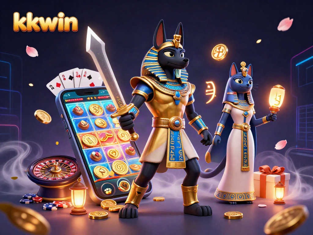 Spin with kkwin in a vibrant 3D casino scene featuring Anubis and Bastet.
