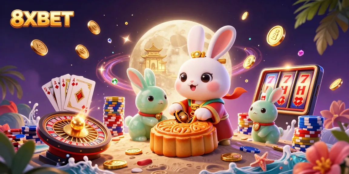 Experience thrilling gameplay with 8XBET as a moon rabbit pounds mooncakes revealing poker chips in a vibrant casino scene.
