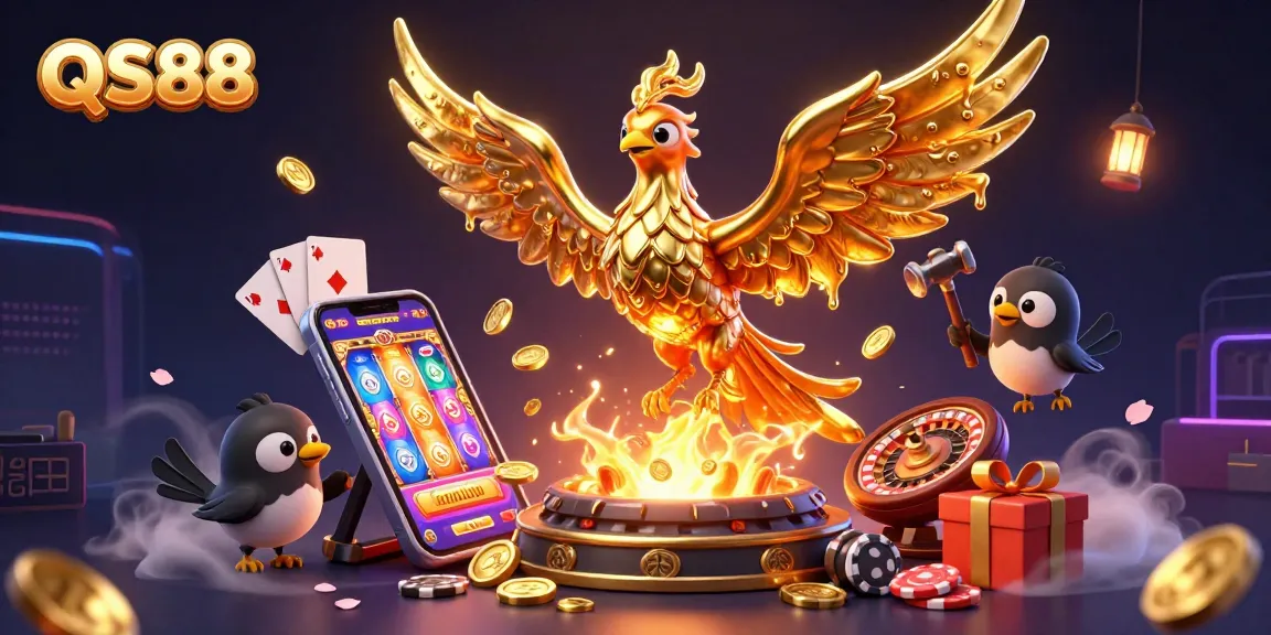 Engage with QS88 and win big with a vibrant scene featuring a molten phoenix, slot games, and golden coins.
