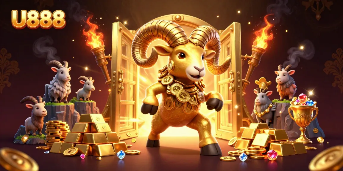 U888 creates a vibrant scene with a golden ram charging through treasure, celebrating exciting casino wins.